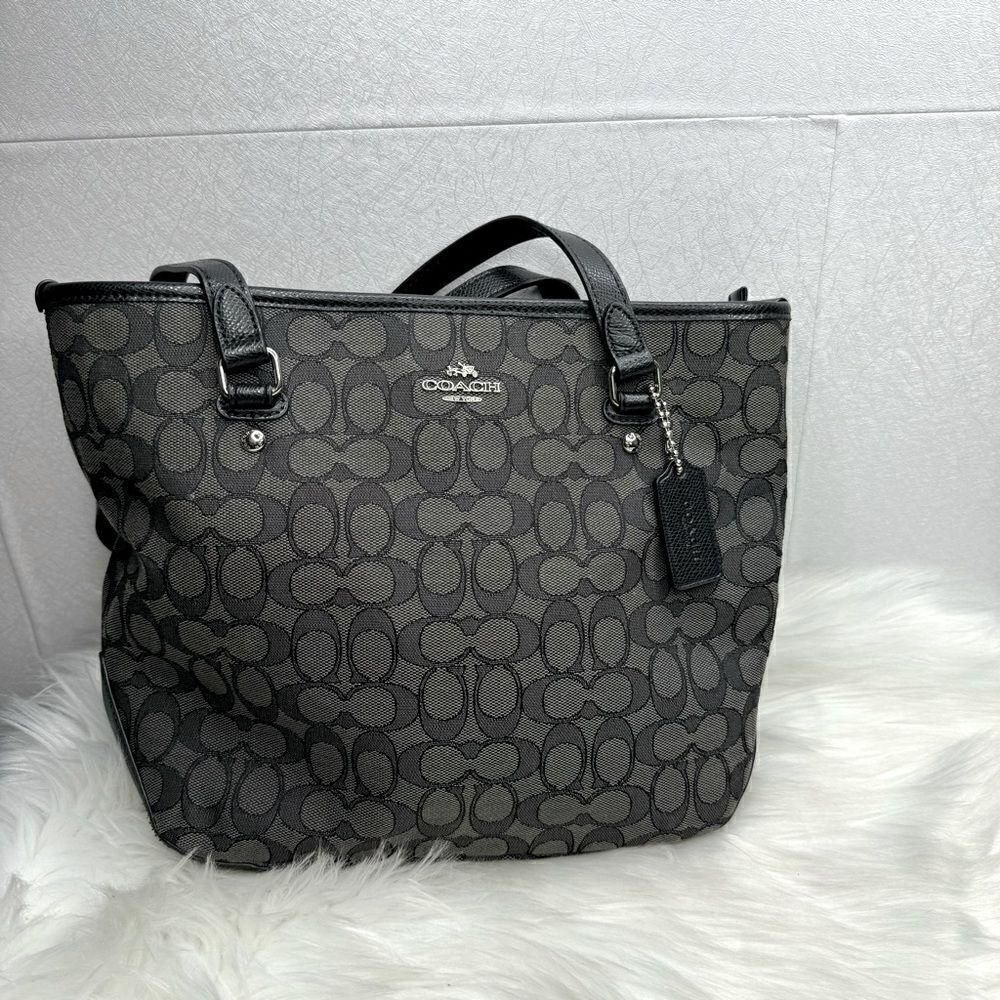 Coach Outline Signature Jacquard Zip Top Tote